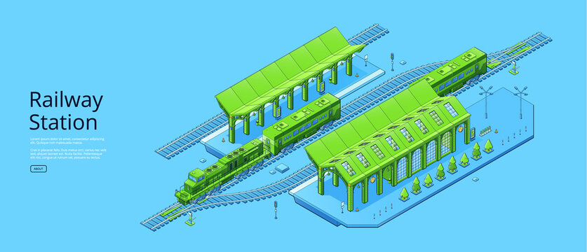 Railway Station Poster With Isometric Rail Track, Train And Platform. Vector Banner Of Train Transportation Infrastructure With Empty Modern Station, Locomotive With Carriage