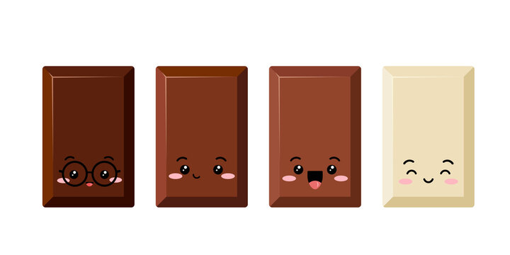 Cute rectangular chocolate bar piece kids emoji character vector set. Funny dark, bitter, milky and white choco chunk smill face. Kawaii cartoon style cacao sweet food morsel emoticon illustration