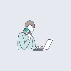 電話対応しながらパソコンに入力する女のイラスト素材｜mayucolor08