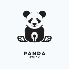 vector graphic illustration of a cute panda with a pen in the belly logo icon