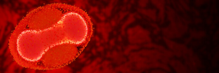 virus (Monkeypox virus), 3d render, close-up, dark red background banner with empty space  - obrazy, fototapety, plakaty