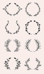 doodle flower wreath and branches of leaves vector set from free hand drawn