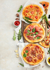 Set of delicious homemade pizzas.