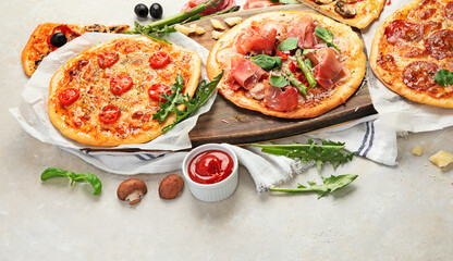 Set of delicious homemade pizzas.