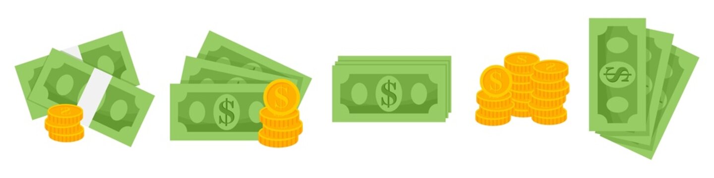 Set coins and dollars. Gold coins stack concept illustration in flat style. treasure of gold wealth with bright sparkles, money gold coins stacks concept of savings and dividends