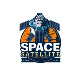 Space satellite vector icon with antennas, solar panels and galaxy planet. Telecommunication satellite isolated symbol. Telecommunication technology, television, telephony and radio broadcast
