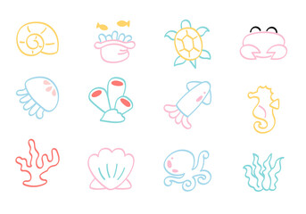 Sea life at the reef icon set.
