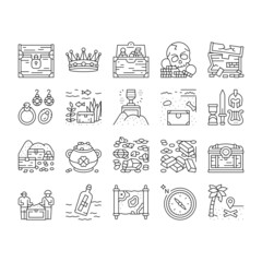 Treasure Golden Jewels In Chest Icons Set Vector