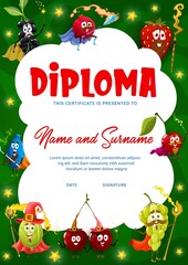 kids diploma. Cartoon berry wizard, mage and fairy characters. Child celebration invitation, kids graduation vector certificate or award with honeysuckle, gooseberry and grape, strawberry personages