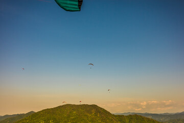 和歌山県和歌山市の龍門山付近を飛ぶ多数のパラグライダー