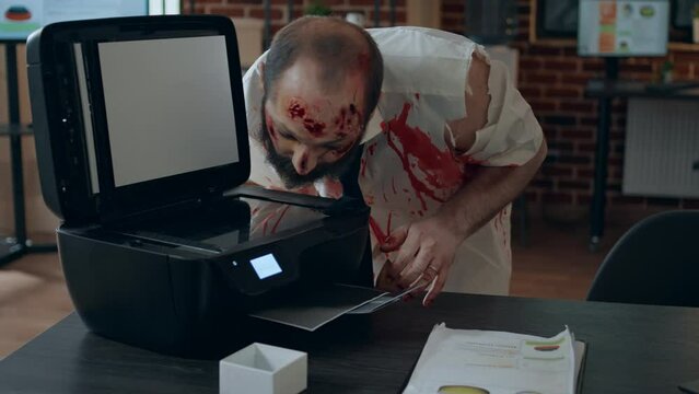 Creepy doomsday brain-eating monster damaging photocopy electronic device. Mindless horror zombie with deep bloody wounds trying to use office printer in agency workspace.