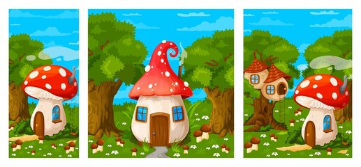 Game landscape, cartoon fairy mushroom houses or gnomes town, vector background. Fairy tale village with elf dwellings in mushroom and tree nest, fairy pixie homes in forest for game landscape