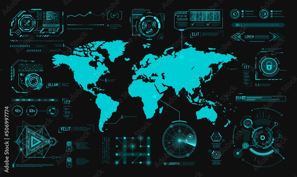 Poster HUD hologram interface, earth digital map infographic charts and graphs, futuristic technology. HUD world earth data and controls on virtual screen vector dashboard, cyber future UI interface