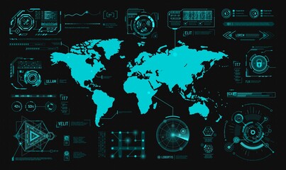 HUD hologram interface, earth digital map infographic charts and graphs, futuristic technology. HUD world earth data and controls on virtual screen vector dashboard, cyber future UI interface