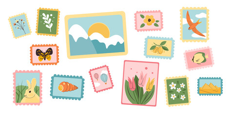 Postage stamps and post cards. Different modern postal stickers for envelopes and postcards. Labels postmarks with landmarks, nature, animals and flowers. Flat vector illustration on white background