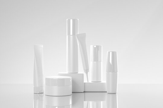 3D Milk cosmetics on podium mockup banner. Realistic set of skin care cosmetic products. Luxury white glossy bottles, tubes and jar with cream on studio background for branding to promote, 3d render