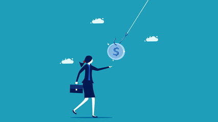 Trapped in a business trap. Business woman deceived by fraudulent money. business concept vector illustration