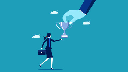 Give an award. A businesswoman receives a trophy. business concept vector illustration
