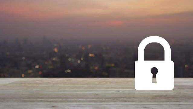 Padlock flat icon on wooden table over blur of cityscape on warm light sundown, Technology internet security and safety online concept