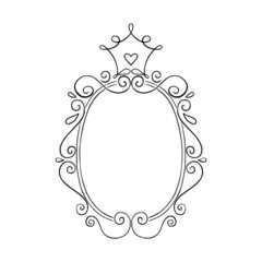 Princess frame. Royal mirror frame and majestic prince doodle border. Cute crown border. Outline vector illustration. 