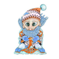 Hand drawn cartoon fox on a sled. Isolated color illustration on white background