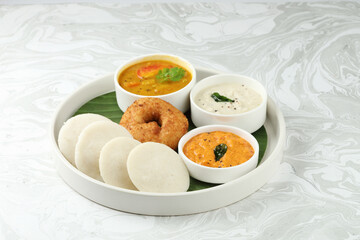 idli vada with sambar , sambhar also called medu wada rice cake