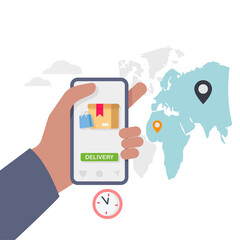 Hand holding mobile with delivery tracking. Creative info graphics design on application illustration.