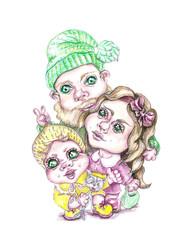Hand drawn cartoon family illustration. Family portrait on white background