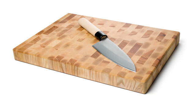 Japanese traditional deba knife and cutting board isolated on white background. (Isolated with path).