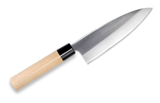 Deba - traditional Japanese kitchen knife isolated with path on white background.