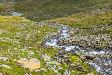 Mountain stream flowing down to the lake in the valley