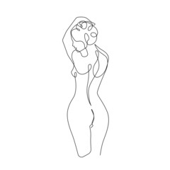 Female Naked Figure Continuous Line Drawing. Woman Body One Line Abstract Illustration. Nude Woman Back Print. Minimalist Contour Drawing. Vector EPS 10. 