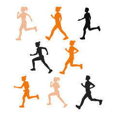 Fototapeta na wymiar A set of running active people. Side view. Silhouette on a white background.