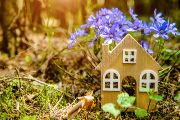 The symbol of a house in a forest clearing among blue snowdrops
