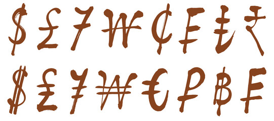 Handwritten brush letters, currency symbols
calligraphy
brown