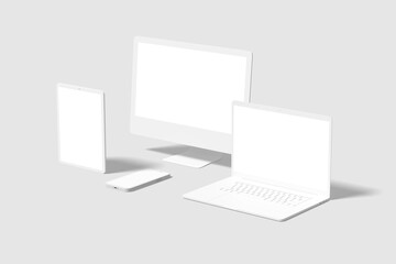 Clay responsive Devices Mockup blank : Pc, tablet, phone, laptop 