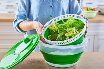 Crop female taking lettuce from spinner