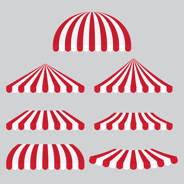 Set of red and white stripes awning tent. Flat vector illustration.