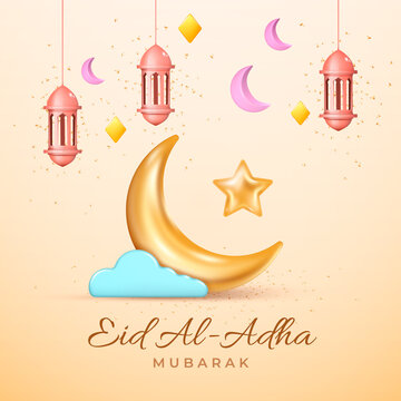 Eid al Adha cards design in 3d modern vector style. Eid Mubarak Islamic holiday banner with Ramadan lantern and moon. Ramadan muslim decoration and background poster. Happy celebration of Eid al Adha