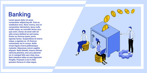 Banking.People are engaged in banking operations, payments and money transfers.An illustration in the style of the landing page is blue.