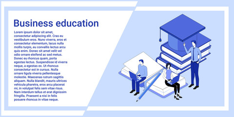 Business education.People take professional development courses, online training and distance learning.An illustration in the style of the landing page is blue.