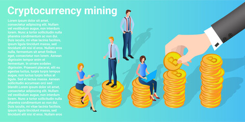 Cryptocurrency mining. Numbles against the backdrop of a symbol of bitoin are engaged in business operations with cryptocurrency. A vector illustration in a business style.