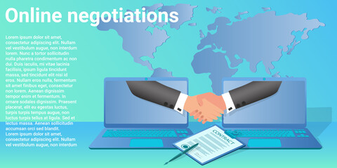 Online negotiations.People negotiate and conclude a contract using an online connection.Poster in business style.Flat vector illustration.