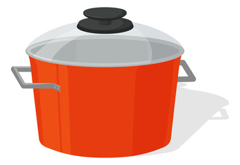 Pot.A red saucepan with a glass lid.Kitchen appliance for cooking.Vector illustration.