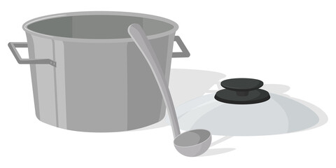 Steel saucepan with ladle.A red saucepan with a glass lid.Kitchen appliance for cooking.Vector illustration.