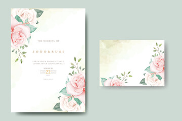 Fototapeta na wymiar wedding invitation card with floral and leaves watercolor