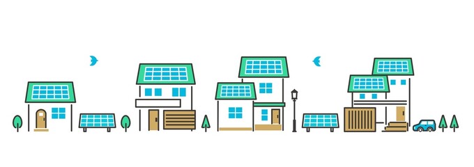ソーラーパネルを設置した家と街並みのベクターイラスト素材／建築／自家発電／SDGs／エコ - obrazy, fototapety, plakaty