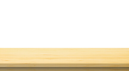 Empty wooden table top isolated on white background for product display montage
