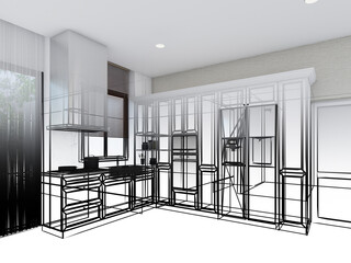 abstract sketch design of kitchen room ,3d rendering