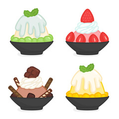 Ice flakes bingsu melon strawberry mango chocolate in a bowl kawaii doodle flat vector illustration